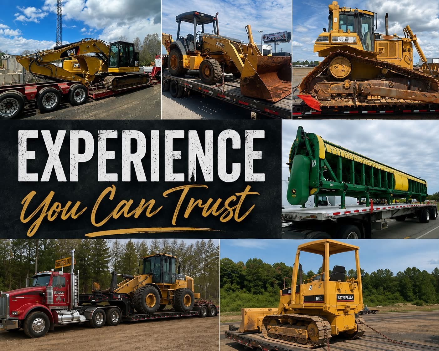 Heavy haul freight collage: excavator, wheel loader, dozer, and oversize equipment shipped by LMS Freight Services